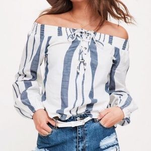 White and blue striped lace up bardot blouse